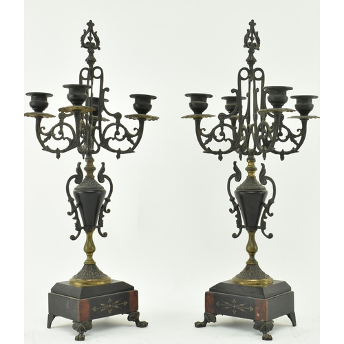 44 - Raison & Thomas - A French 19th century circa 1880s red marble & slate mantle clock garniture. The 8... 