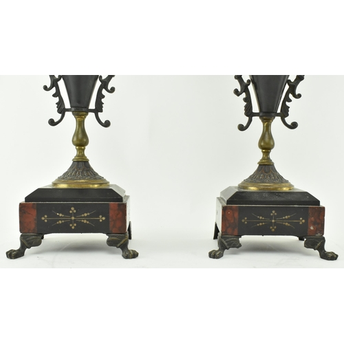 44 - Raison & Thomas - A French 19th century circa 1880s red marble & slate mantle clock garniture. The 8... 