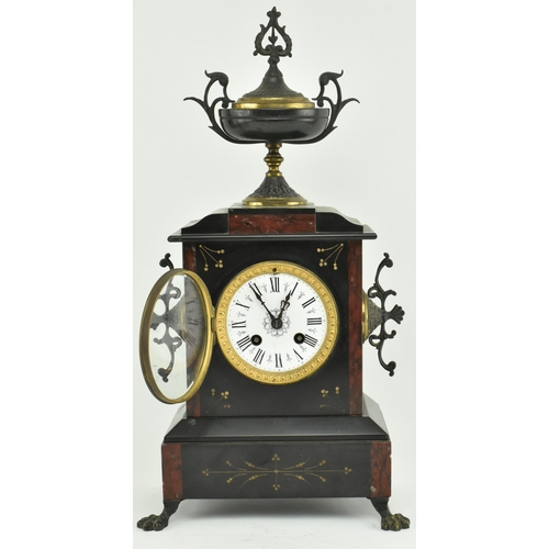 44 - Raison & Thomas - A French 19th century circa 1880s red marble & slate mantle clock garniture. The 8... 