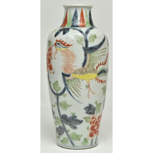 46 - An 18th century Chinese Qing dynasty ceramic wucai phoenix and peony baluster vase. The baluster vas... 