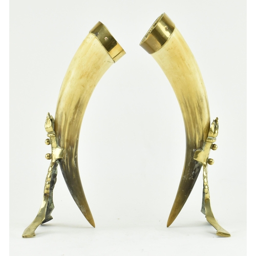 51 - A pair of 19th century horn & brass mounted cornucopia table decorations. Each having a brass mounte... 