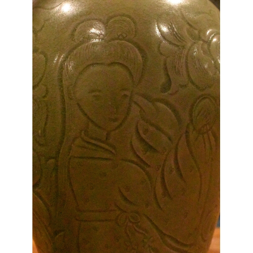 60 - A Chinese early Ming Dynasty Yaozhou stoneware glazed meiping baluster celadon vase. The vase decora... 