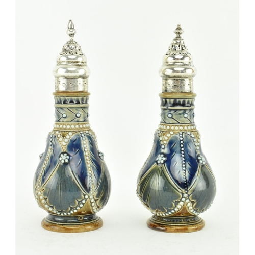 62 - Royal Doulton Lambeth - A Victorian 19th century 1876 hand painted ceramic & silver hallmarked cruet... 