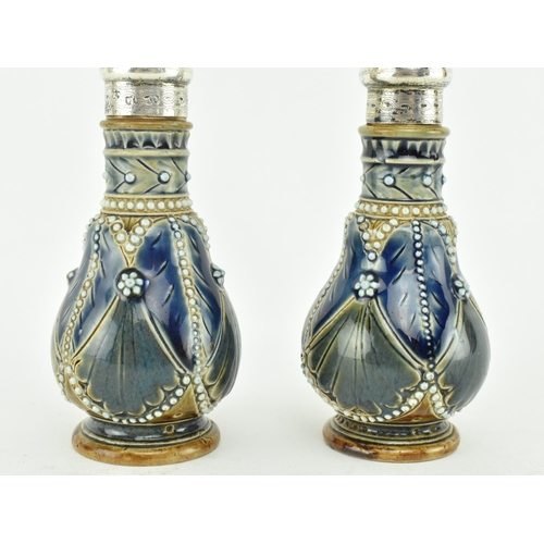 62 - Royal Doulton Lambeth - A Victorian 19th century 1876 hand painted ceramic & silver hallmarked cruet... 