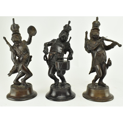 7 - A set of three French 19th century bronze figures of monkeys as soldiers in a band. The set comprisi... 