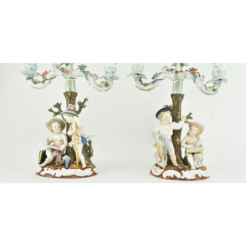 88 - A pair of German late 19th century Sitzendorf porcelain twin armed candelabra candlesticks. Each can... 