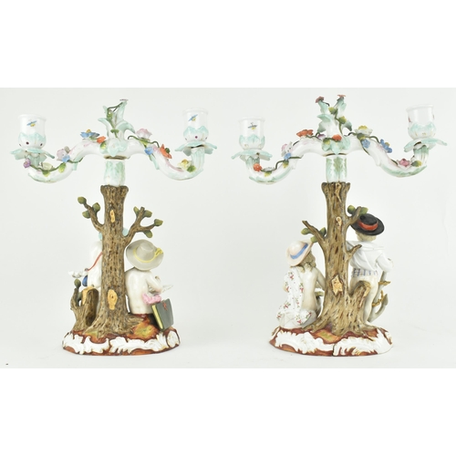 88 - A pair of German late 19th century Sitzendorf porcelain twin armed candelabra candlesticks. Each can... 