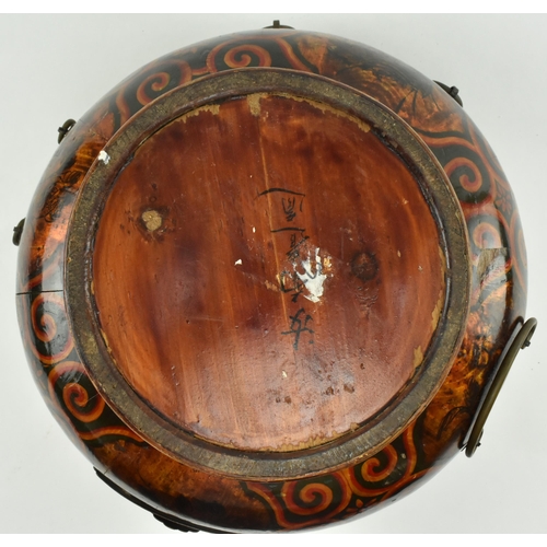 89 - A Chinese Republic early 20th century hard wood and metal bound circular hand painted wedding basket... 