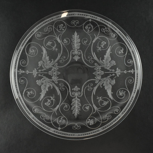 9 - A mid 19th century Victorian likely Stourbridge engraved glass saucer. The plate featuring beaded bo... 