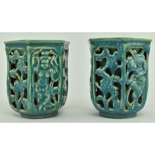 90 - A pair of Chinese Tang dynasty blue glazed hexagonal double layer open work pots. Each pot with carv... 