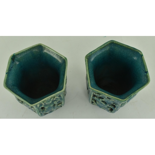 90 - A pair of Chinese Tang dynasty blue glazed hexagonal double layer open work pots. Each pot with carv... 