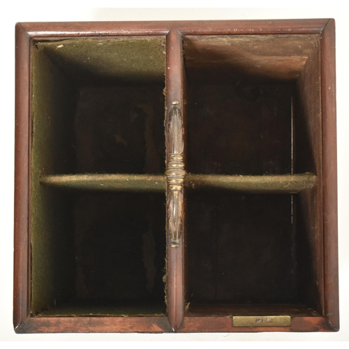 93 - A 19th century George III mahogany campaign decanter box. The box of square upright form with brass ... 