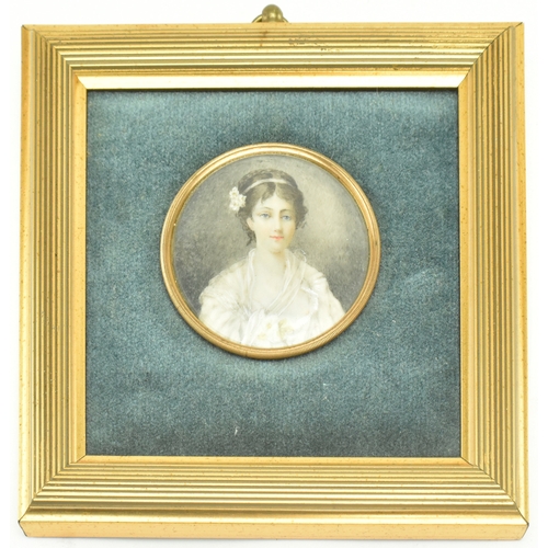 236 - A 19th century English School miniature watercolour on ivory portrait of lady in white garments. The... 