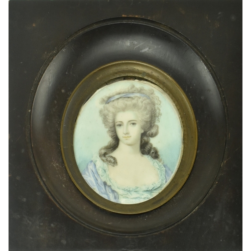 236 - A 19th century English School miniature watercolour on ivory portrait of lady in white garments. The... 