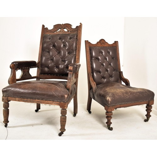 257 - A near matched pair of late Victorian carved oak & brown leather ladies & gentleman's armchairs. The... 