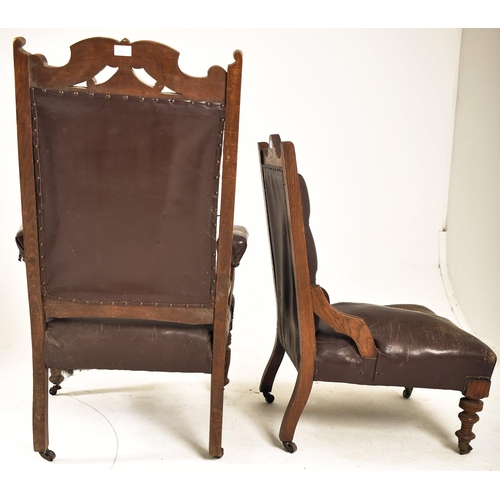 257 - A near matched pair of late Victorian carved oak & brown leather ladies & gentleman's armchairs. The... 