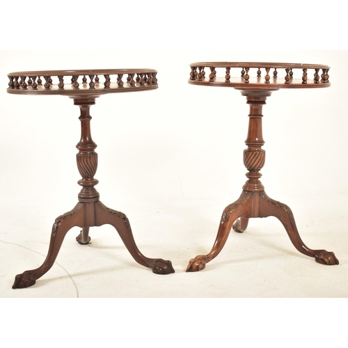 269 - A matched pair of Regency Revival mahogany gallery top tripod wine tables. Each having a turned spin... 