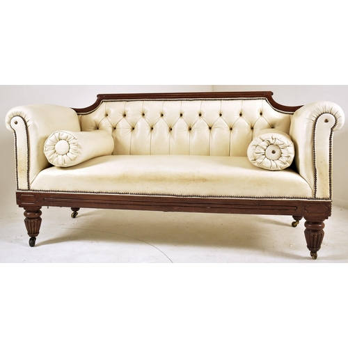 275 - An early Victorian 19th century mahogany framed & white leather three seater sofa. The sofa having a... 