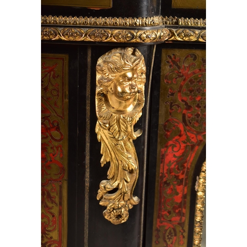 287 - A French 19th century boulle work ebonised & red lacquered credenza. The credenza having a break fro... 