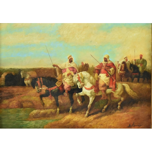 296 - An French Romanticism inspired oil on board painting of Algerian Bedouins on horseback. The painting... 