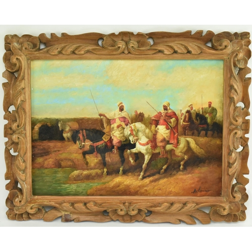 296 - An French Romanticism inspired oil on board painting of Algerian Bedouins on horseback. The painting... 