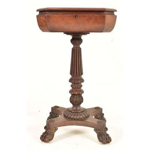 309 - A William IV 19th century flame mahogany octagonal top teapoy tea caddy on stand. The caddy having a... 