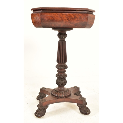 309 - A William IV 19th century flame mahogany octagonal top teapoy tea caddy on stand. The caddy having a... 