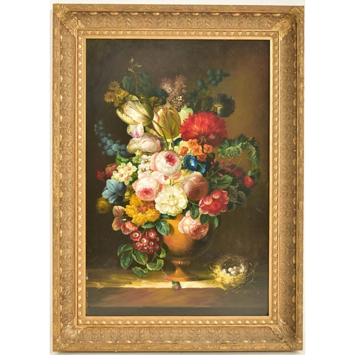 389 - An early 20th century continental oil on board still life of flowers painting in gilt frame inspired... 