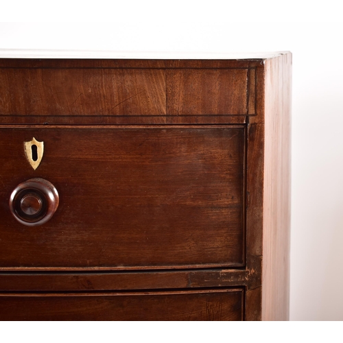 393 - A 19th century George III bow front line inlaid mahogany chest of drawers. Raised on French kick fee... 