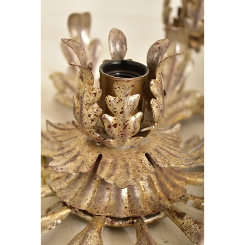 609 - An Italian inspired toleware style gilt metal six arm ceiling light. The chandelier having six arms ... 