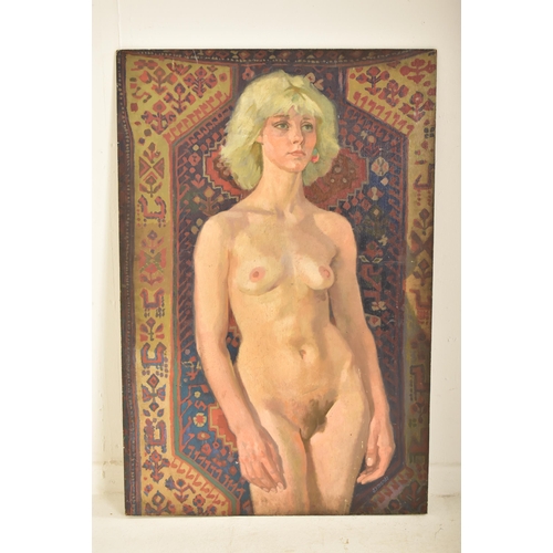 612 - Ken Symonds (1927-2010) - Kathy Standing against rug -  An original oil on board nude study painting... 