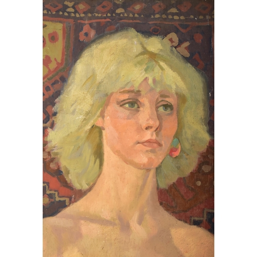 612 - Ken Symonds (1927-2010) - Kathy Standing against rug -  An original oil on board nude study painting... 