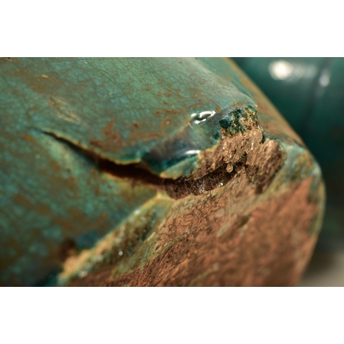 446 - A pair of Chinese green glazed terracotta garden patio stools seats. Each stool of barrel shape with... 