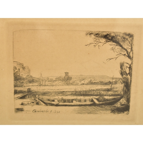 454 - After Rembrandt van Rijn (1606-1669) - An etching on paper depicting a boat by lake with town in the... 