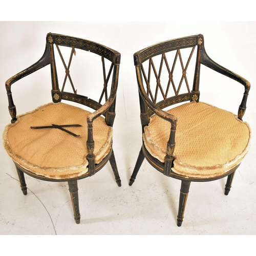 255 - A pair of Regency early 19th century ebonised & gilt parcel armchairs. Each chair having a lattice w... 