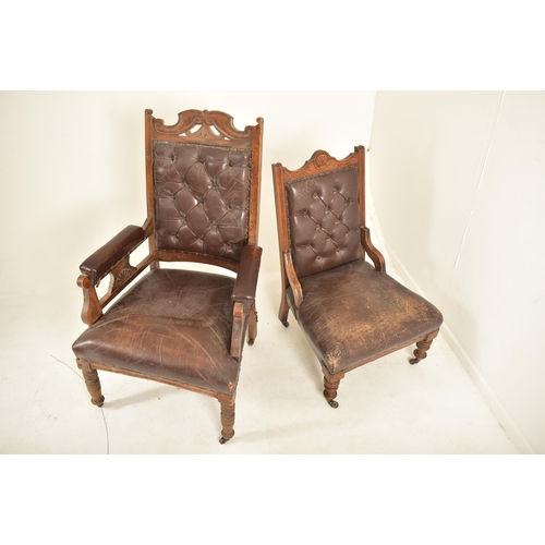 257 - A near matched pair of late Victorian carved oak & brown leather ladies & gentleman's armchairs. The... 