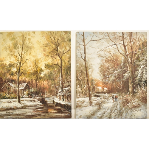 263 - Attributed to Theo van Cleef - two continental 20th century oil on canvas snowscape paintings. One p... 