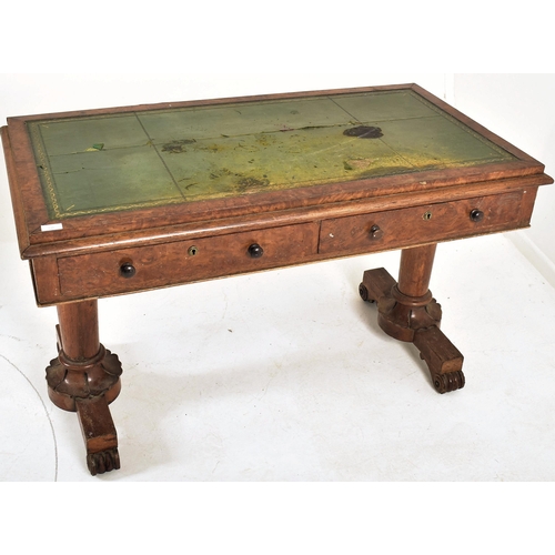 276 - A William IV 19th century pollard oak veneered writing table desk. The table having a central green ... 