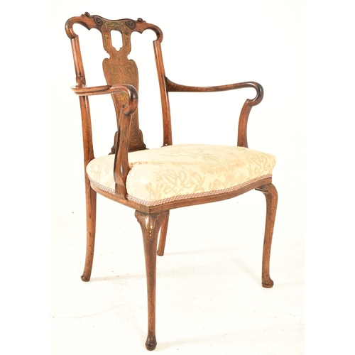 293 - A 19th century rosewood & brass inlaid armchair desk office chair. The armchair having a shaped back... 