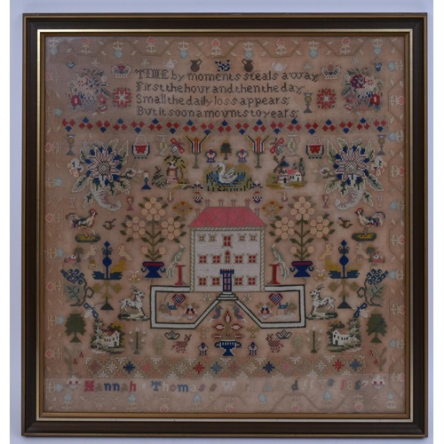 329 - A Victorian 19th century 1857 hand embroidered needlepoint sampler by Hannah Thomas aged 11 years ol... 