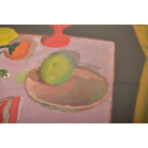 351 - Alberto Morrocco R.S.A., R.S.W. (Scottish, 1917-1998) 
 Still life with Striped Cloth
 Signed and da... 