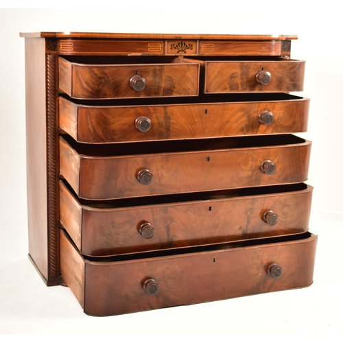 358 - A George III 19th century flame mahogany North Country chest of drawers. The chest having a stencil ... 