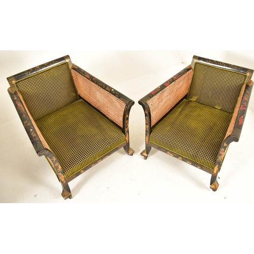 366 - A pair of 1920s Chinoiserie lacquered hand painted bergere armchairs in the manner of Liberty of Lon... 