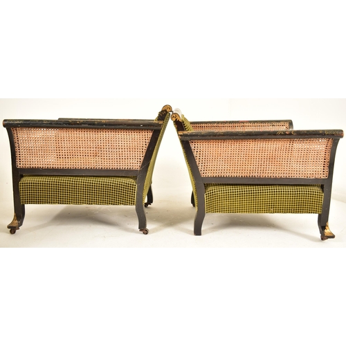 366 - A pair of 1920s Chinoiserie lacquered hand painted bergere armchairs in the manner of Liberty of Lon... 