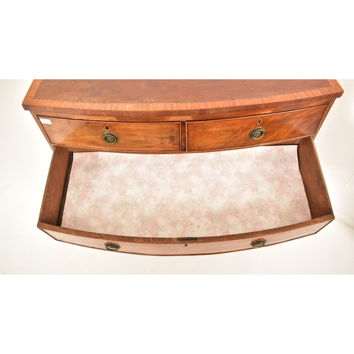 373 - A George III early 19th century flame mahogany bow fronted chest of drawers. The chest having a stra... 