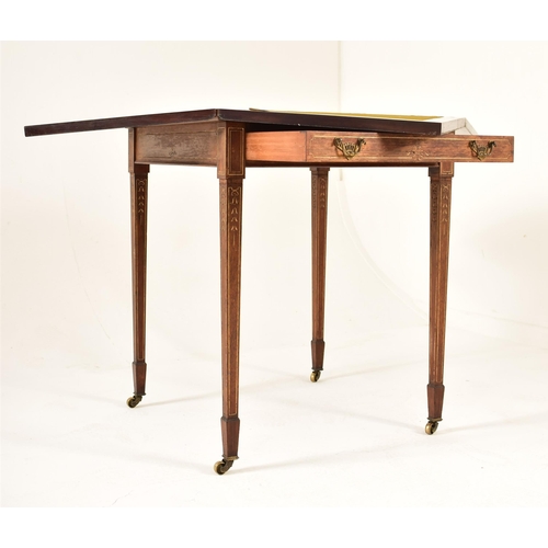 571 - An Edwardian oak & gilt detailed envelope card / game table. The table having a squared folding enve... 