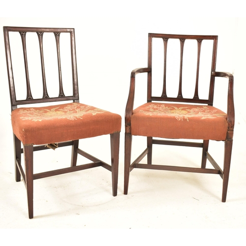 574 - A George III 19th century rosewood carver chair & dining chair. Each having a squared fan back rest ... 