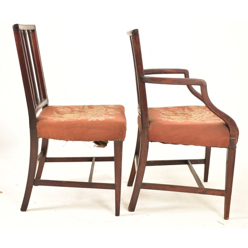 574 - A George III 19th century rosewood carver chair & dining chair. Each having a squared fan back rest ... 