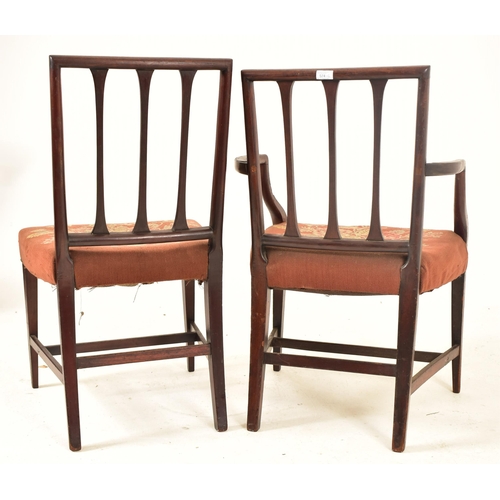 574 - A George III 19th century rosewood carver chair & dining chair. Each having a squared fan back rest ... 