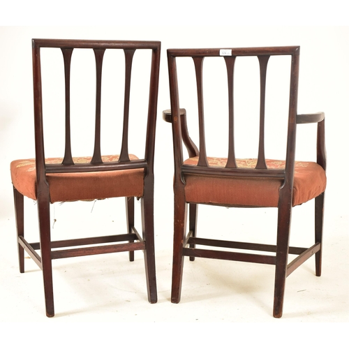 574 - A George III 19th century rosewood carver chair & dining chair. Each having a squared fan back rest ... 